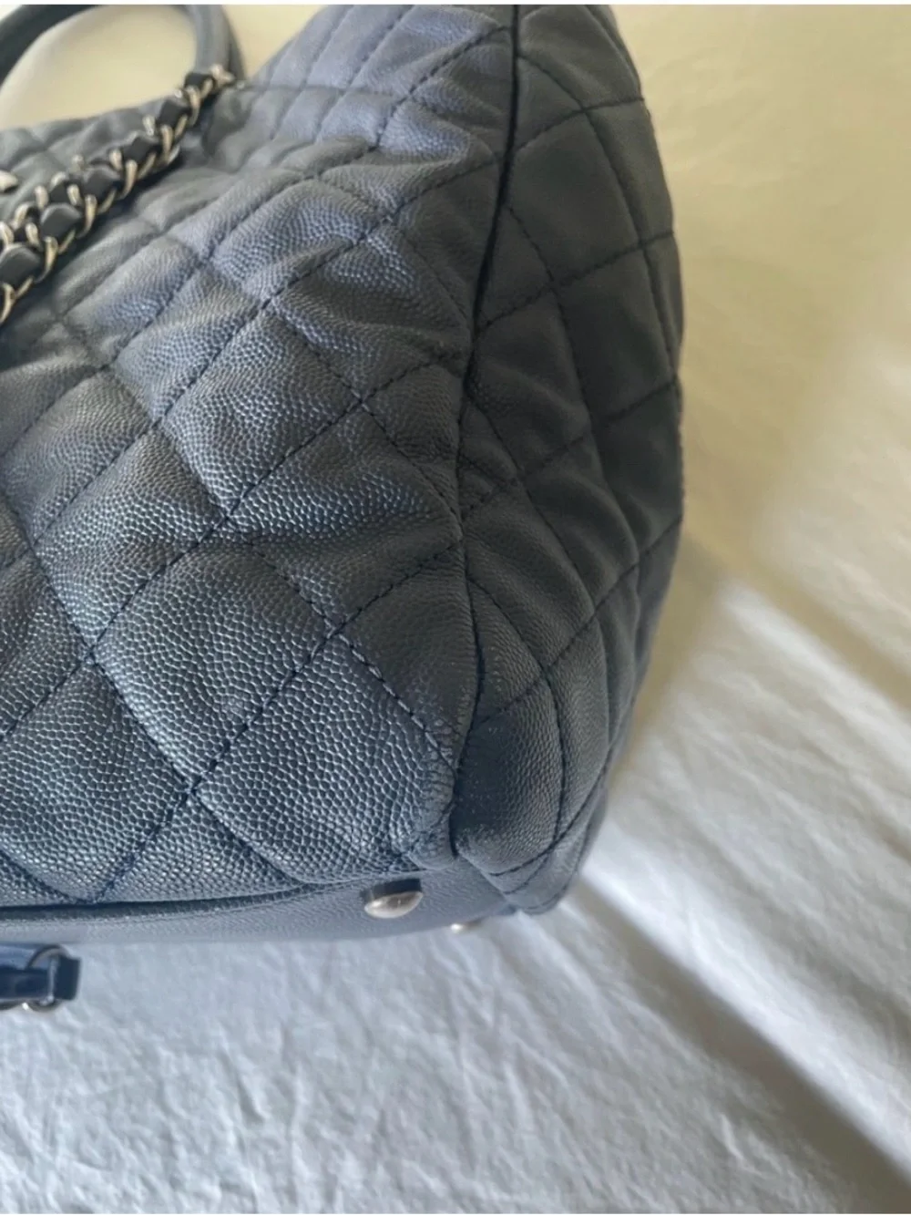 CHANEL Quilted Navy Leather Tote with Chain-Strap Handles Coco Allure